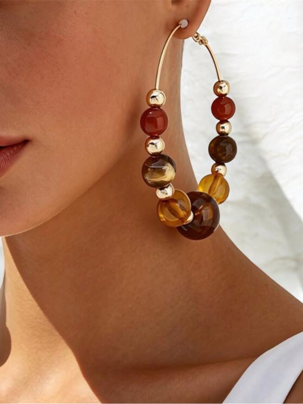 Gold Hoop Earrings with Amber and Brown Beads